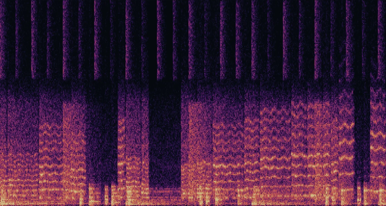 Dark magma spectrogram output from AudioPrompt, showing harmonic bands imprinted into shaped pink noise.